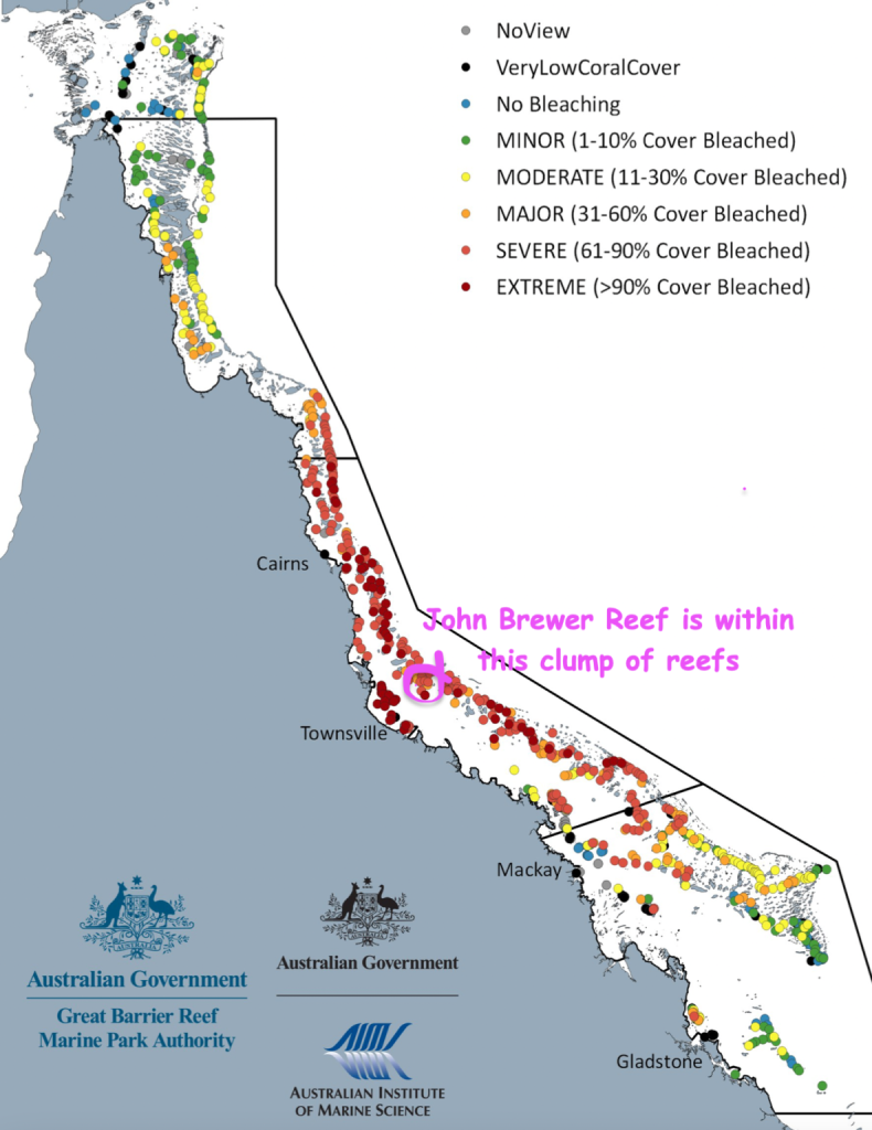 This map was being promoted through March and April 2022 as showing the Great Barrier Reef suffering from mass coral bleaching with the impression that most of the coral was going to die.