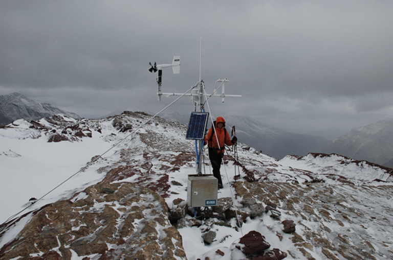 Weather stations are set up throughout Glacier National Park in Montana to monitor and collect weather data. These stations must be visited periodically for maintenance and to add or remove new research devices. Credit: GlacierNPS, CC BY 2.0, via Wikimedia Commons.
