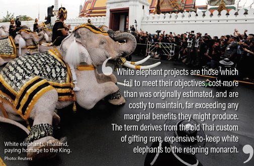 White elephant projects are those which fail to meet their objectives, cost more than was originally estimated, and are costly to maintain, far exceeding any marginal benefits they might produce.The term derives from the old Thai custom of gifting rare, expensive-to-keep white elephants to the reigning monarch.